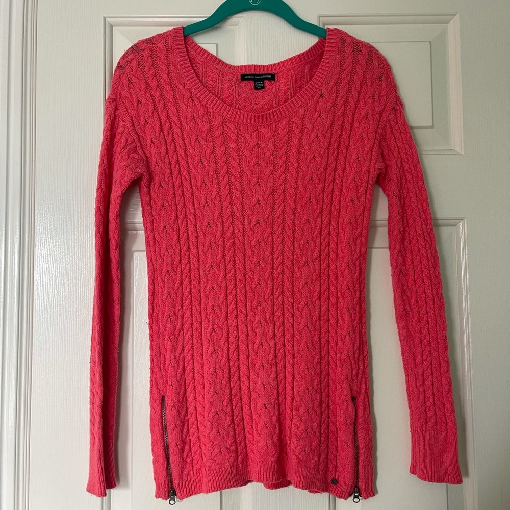 American Eagle Outfitters Coral Crew Neck Cable Knit Sweater